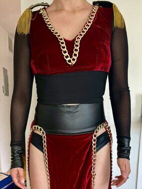 Red Velvet Black Mesh High Slit Gown Cosplay Rave Halloween costume